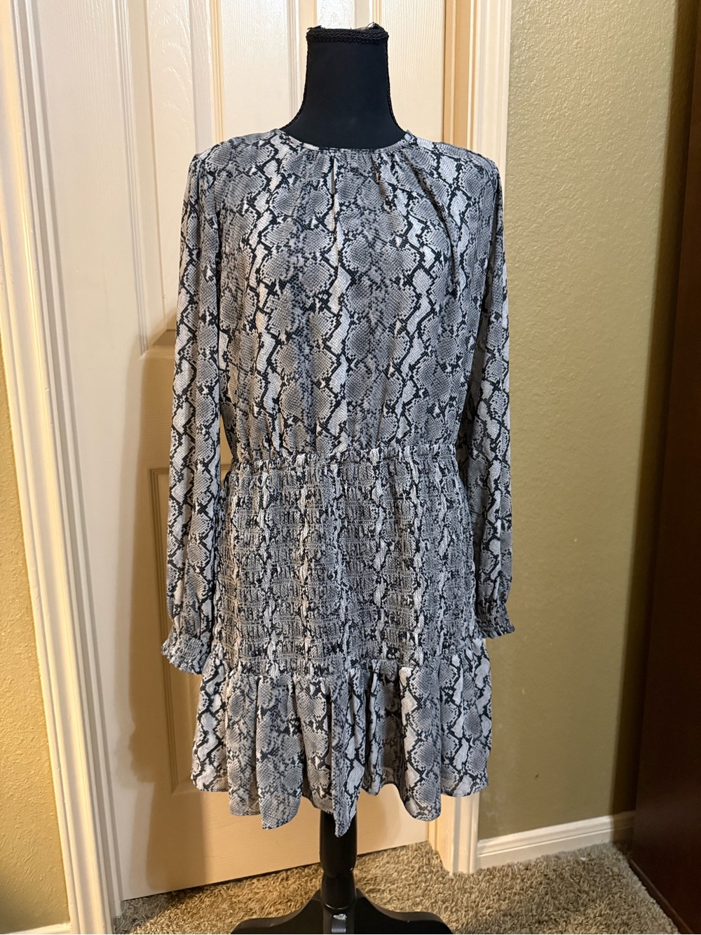 Michael Kors Black & White Snake-Print Long-Sleeve Smocked Dress